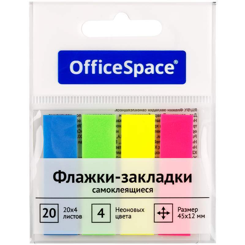 Bayroqli xatcho'p OfficeSpace – 45×12 mm, strelkali, 20 varaq, 4 ta neon rang, yevropodves, 24 dona