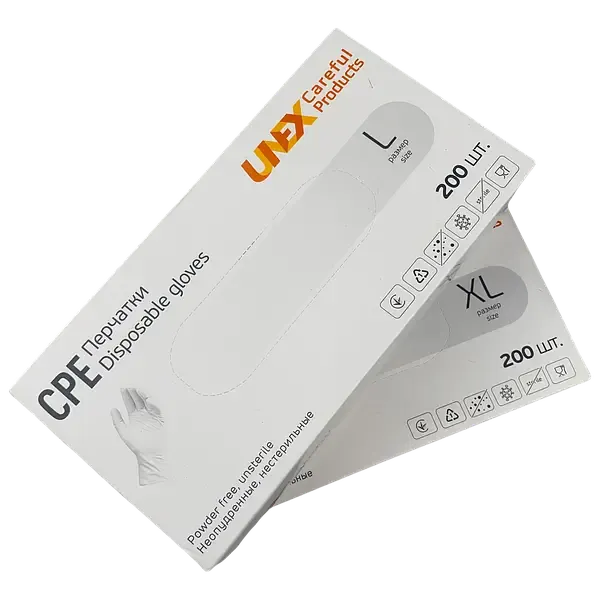 Qo'lqoplar CPE vinil unex, shaffof, sterillanmagan